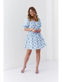 Floral dress with a ruffle at the neckline, white and blue 30360 - Online store - Boutique